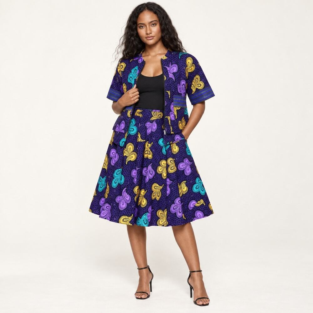 Handmade African Ankara 2 Piece Jacket Skirt Set Boho 100% Cotton Purple Medium